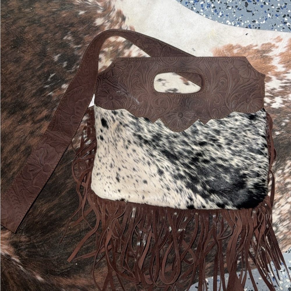 Brown and White Fringe Leather Bag